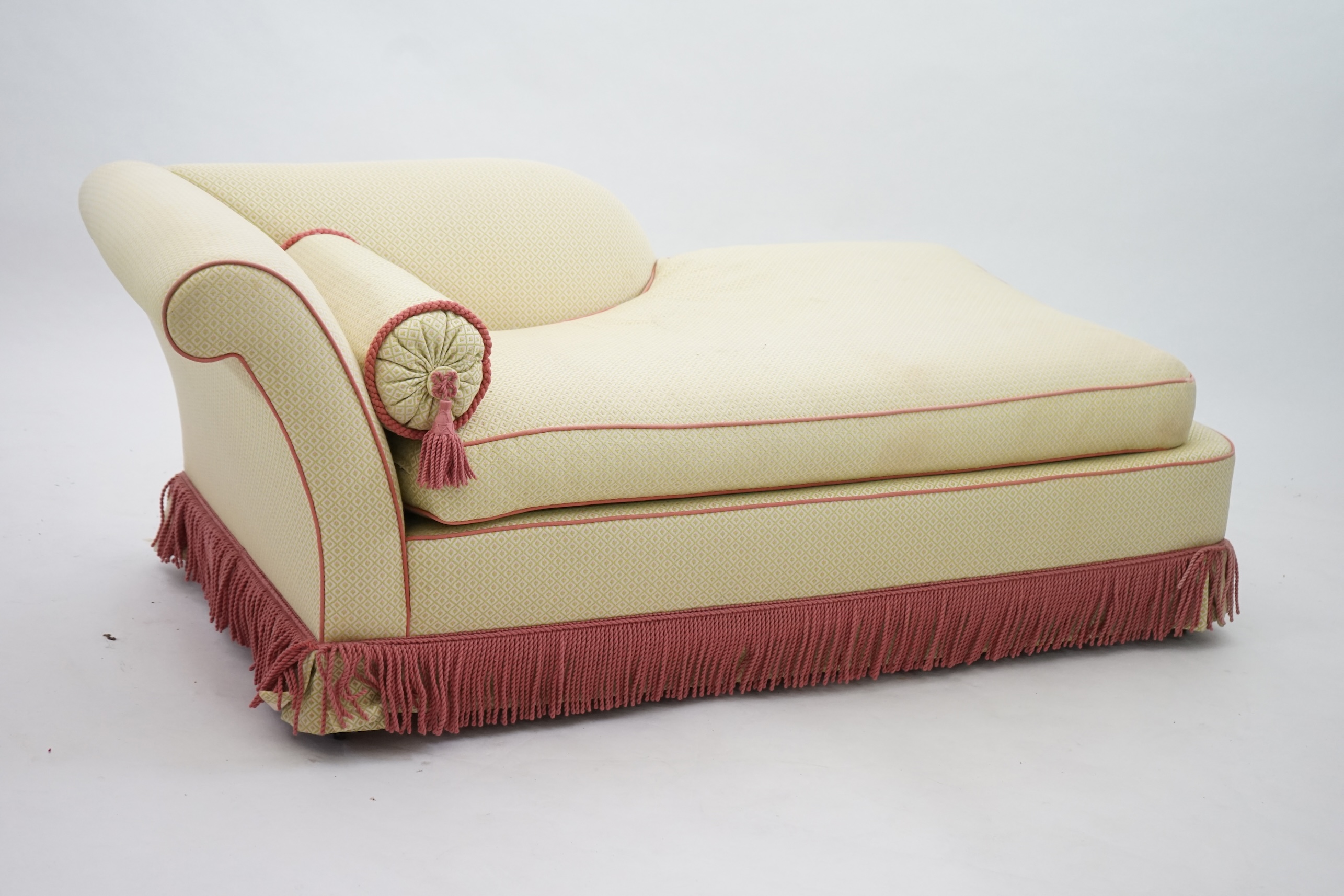 A Victorian style day bed upholstered in Colefax & Fowler, 164cm long, 80cm deep, 65cm high. Condition - fair, fabric a little faded with some scattered dirt marks